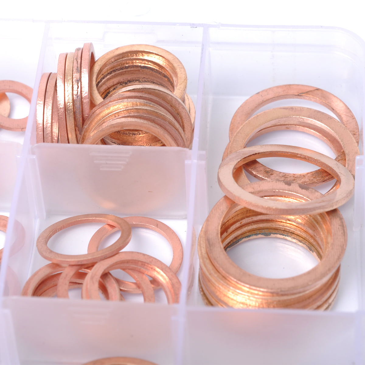 A0394 150Pcs / Set Copper Sealing Washers Flat Rings Gaskets with Plastic Box A0394 150Pcs / Set Copper Sealing Washers Flat Rings Gaskets with Plastic Box